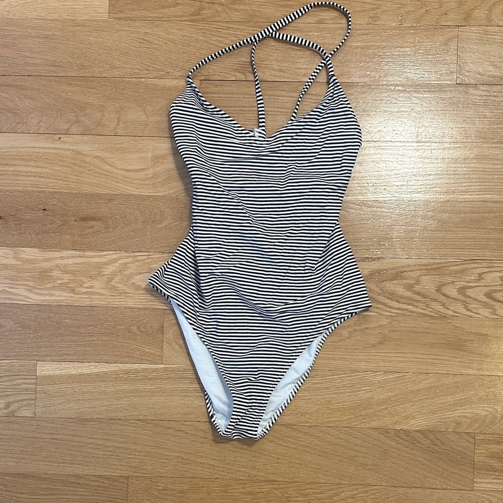 Aerie Black and White Striped One Piece Swimsuit - Open Back - Size S